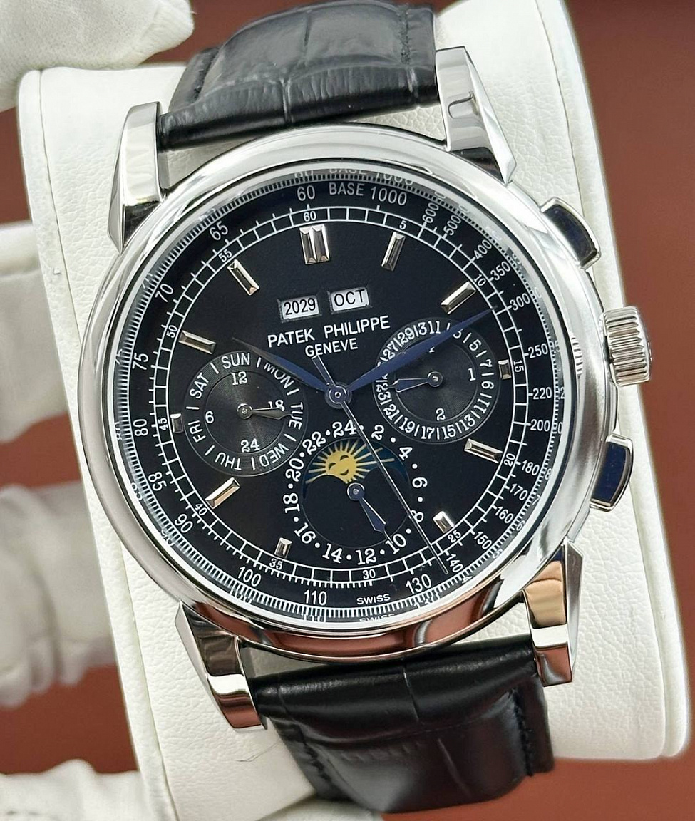 Мужские часы Patek Philippe 45 мм на кожаном ремешке: чёрный циферблат и автоматический механизм Miyota 2813