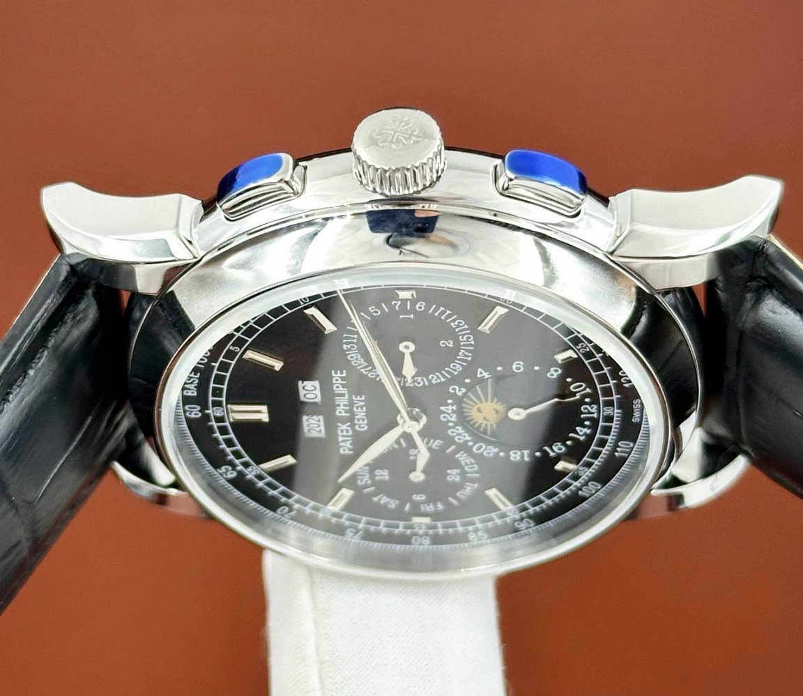 Мужские часы Patek Philippe 45 мм на кожаном ремешке: чёрный циферблат и автоматический механизм Miyota 2813